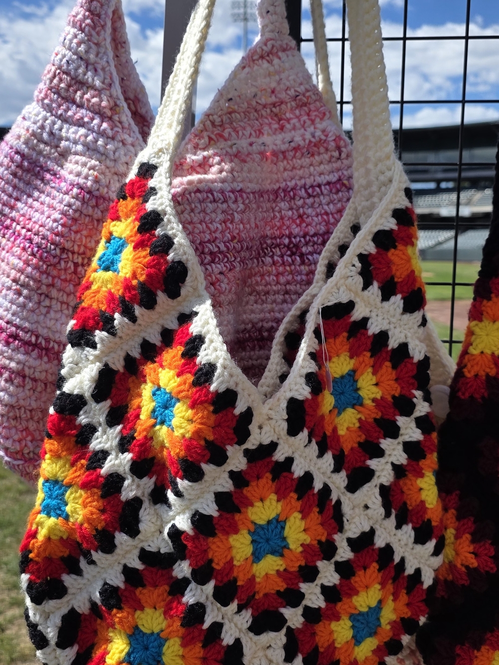 Handmade Multicolor Crochet Tote Bag - Cream & Bright Multicolor